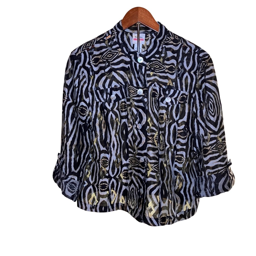 Ruby Rd Zebra Print Jacket Womens 14 Black Gray Button Up 3/4 Sleeve Excellent